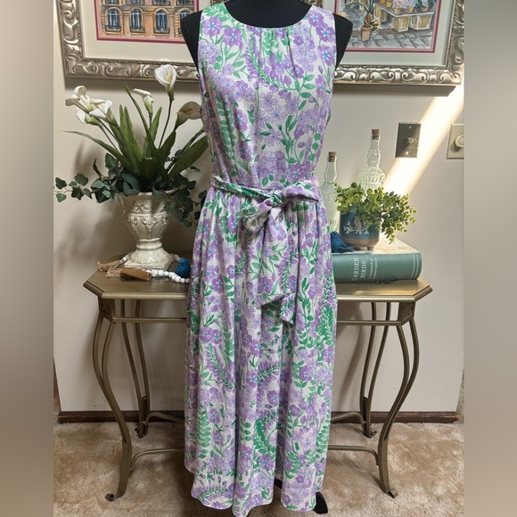 TALBOTS FLORAL PRINT FIT & FLARE SLEEVELESS SUMMER BOW SASH MIDI DRESS SZ 8 - Picture 2 of 11